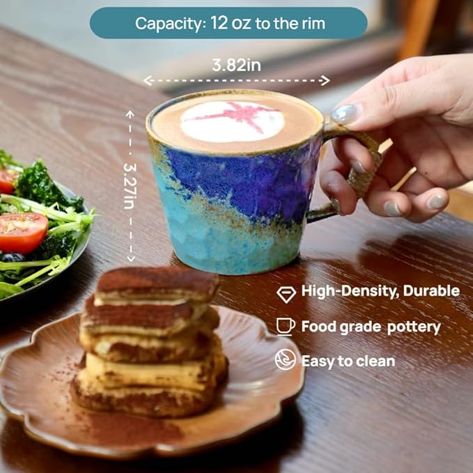 10oz Retro Vintage Japanese Style Handmade Ceramic Tea Cup with Handle, Lead-Free Reactive Glaze Artisanal Coffee Mug, Comfortable handle Handmade Pottery Tea Mug for office and home,Blue