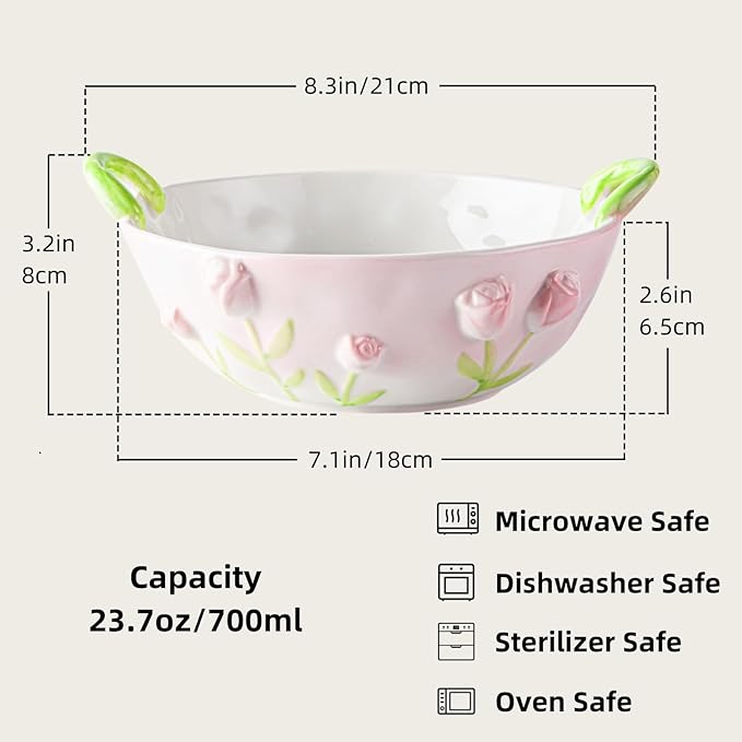 Handmade Ceramic Floral Fruit Bowl with Handles, 3D Hand-Painted Rose Flower Design Serving Dish, Decorative Bowls for Home Decor, Soup, Pasta, Cereal, Salad & Snacks, 24 oz