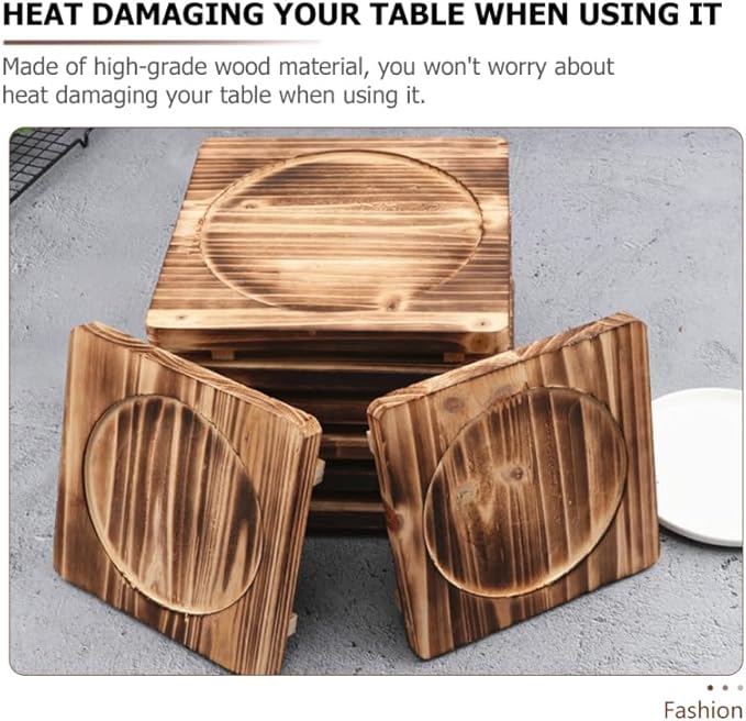 Unomor 2Pcs Heat Resistant Trivet Mats for Hot Pots and Dishes-Wooden Stone Bowl Place Mats with Rustic Charcoal Design Countertop Heat Protectors for Kitchen Use 7.87X7.87 Inches