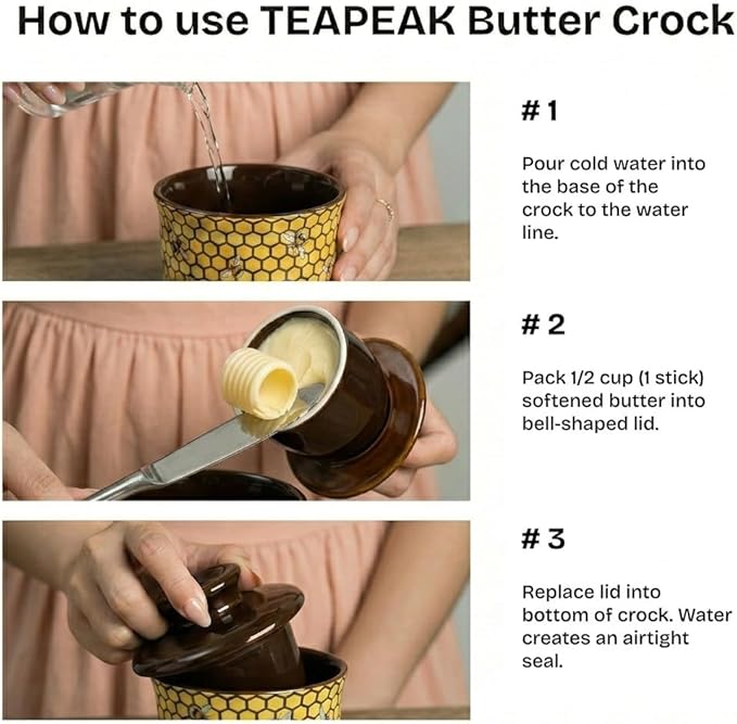 Pottery Butter Keeper Crock - Ceramic Butter Dish with Water Line for Countertop, Keep Butter Fresh-Honey Bee Design