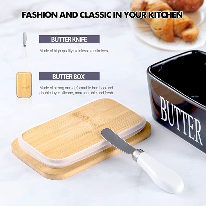 Hasense Porcelain Butter Dish with Bamboo Lid - Covered Butter Keeper with Butter Knife for Countertop, Airtight Butter Container with Cover for East West Coast Butter, Black