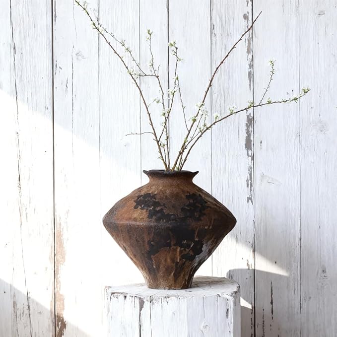 Dark Brown Terracotta Ceramic Vase, 11.5" Large Rustic Farmhouse Pottery Vase with Wide Mouth, Watertight Wabi Sabi Flower Vase for Pampas Grass and Table Centerpieces Decor