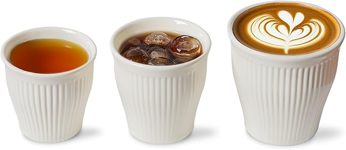 KEMORELA Espresso Cups Set of 3 – 5.5oz/7oz/10oz Ceramic Espresso Cups, Handleless Mug, Japanese Tea Cups， Ceramic Cups no Handles， Microwave and Dishwasher Safe, Barista Use, Asian Matcha Cup, White