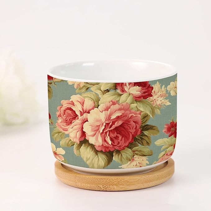 2 Piece Ceramics Planter Pink Cabbage Roses Romantic Small Pots for Succulents Cottage Chic Antique Pink Flower Houseplant Pot for Succulent Japanese Chinoiserie Plant Pot