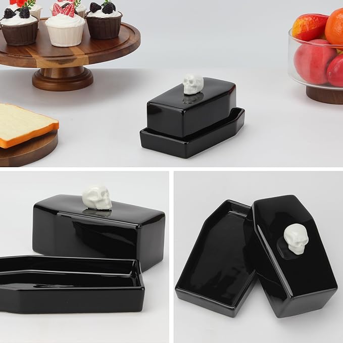 1 Pcs Ceramic Butter Dish with Lid Set, Black Gothic Skull Shape Butter Container Holds for Countertop, Ceramic Gothic Kitchen Utensils Butter Keeper for Table Decor Festivities Party Supplies