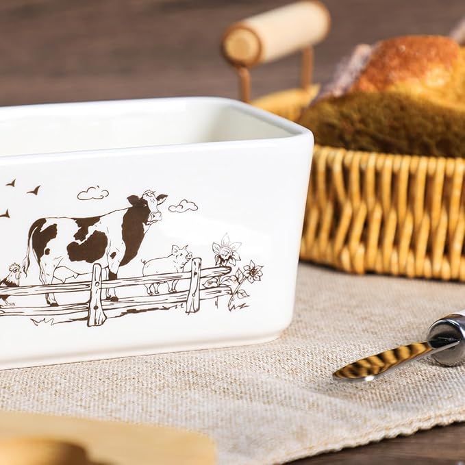 WAIT FLY Cow Ceramic Butter Dish with Bamboo Lid and Knife, 2 Sticks Butter Dish Butter Container Keeper for Kitchen Countertop, Home Decorative-Cow