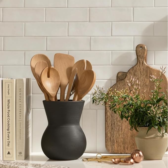 JIEMEI HOME Ceramic Kitchen Utensil Holder, 7.87" Large Rustic Utensil Crock for Countertop, Farmhouse Cooking Tool Organizer, Spatula Holder For Kitchen Decor, Black Bronze