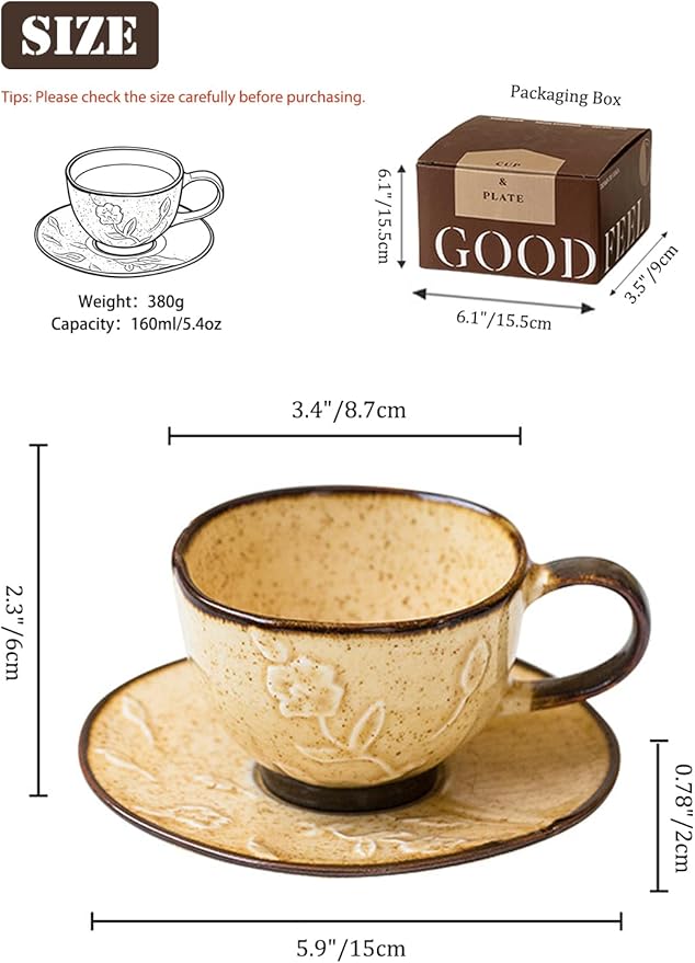 Ceramic Coffee Cup and Saucer Set 5.4oz (160ml), Beige Embossed Espresso Cup with Plate, Small Cappuccino Cup for Home, Kitchen, Café