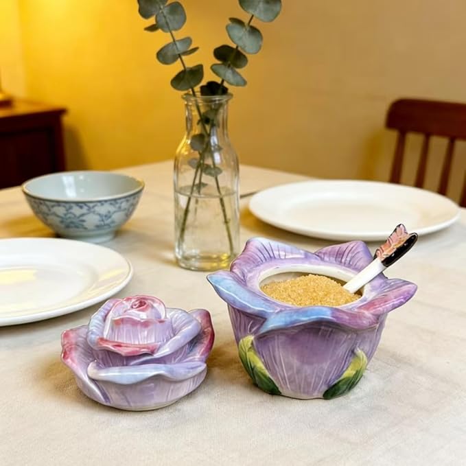 Ceramic Rose Spice Jars - 3D Hand-Sculpted & Hand-Painted Condiment Pots for Salt, Sugar, Pepper (Pinkish Purple)