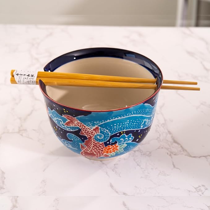 Urban Tokyo Handpainted Ceramic Glazed Japanese Ramen Udon Noodle Rice Bowl With Chopsticks 20 fl oz 5 inch Diameter Bowl Sets Color Box Packaging (Japanese Koi Fish)