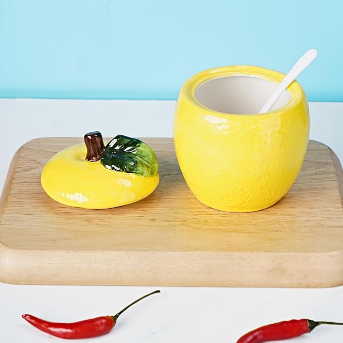 Hand-painted Ceramic Fruit Shape Sugar Bowl Spice Jar Seasoning Pot with Lid Spoon (Lemon)