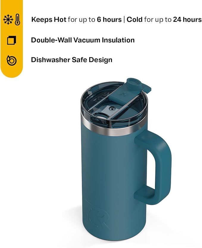 RTIC 16oz Road Trip Travel Mug with Lid and Handle, Ceramic Lined, Insulated, Stainless Steel, Metal, Double Wall Vacuum-Insulation, Portable Coffee, Tea Cup for Hot and Cold Drink, Marine