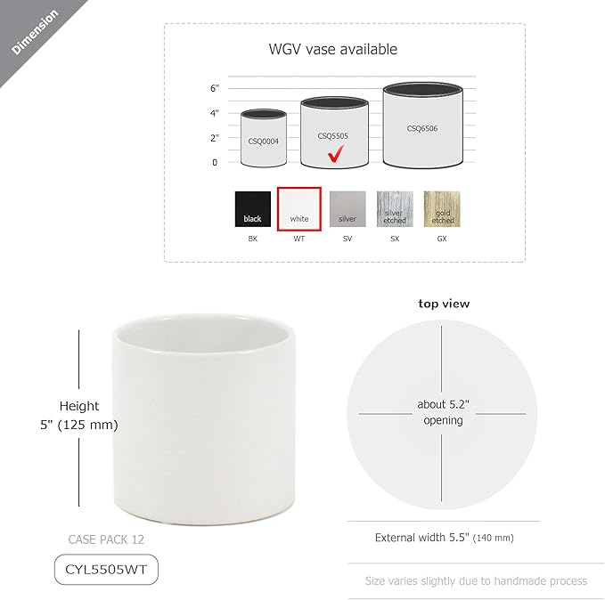 WGVI Matte White Ceramic Cylinder Vase Width 5.5" Height 5", Flower Arrangements, Candle Holder, Terrarium Planter Pot, Storage Container Organizer, Pen Brush Holder, Home Tabletop Decor, 1 Piece