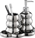 Silver Bathroom Accessory Set, 3-Piece Ceramic Bath Accessories Set with Tray, Lotion Dispenser, and Tumbler