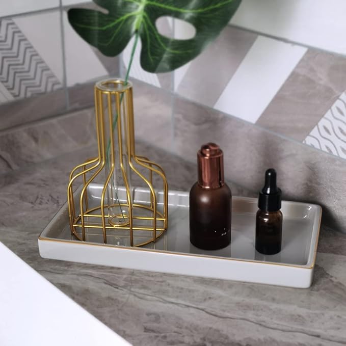 10 x 5 Ceramic Bathroom Tray for Countertop, Decorative Vanity Tray for Dresser Tops, Small Rectangular Trays for Perfume, Candle, Jewelry, Cosmetics (Gray)