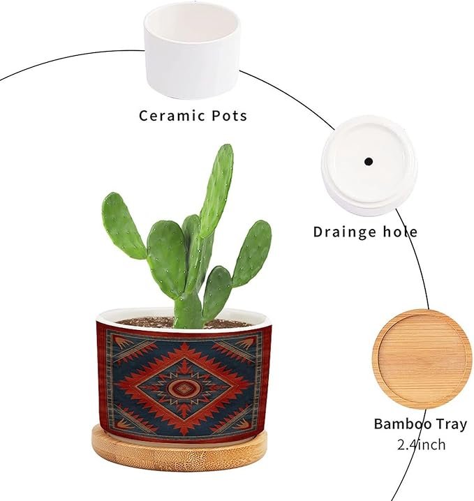 Planters Ceramic The Navajo in Red And Blue with A Blue Border Pattern Ceramic Pots with Drainage Holes Round Flowerpot Bamboo Tray Plant Pots for Succuelnt And Little Snake Plants Pots for Nana
