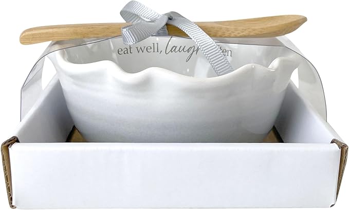 Pavilion Gift Company - Eat Well, Laugh Often - 4.5" Ceramic Bowl With Bamboo Serving Spoon Neutral Ombre Kitchen Serveware Housewarming Gift Hostest Host Present