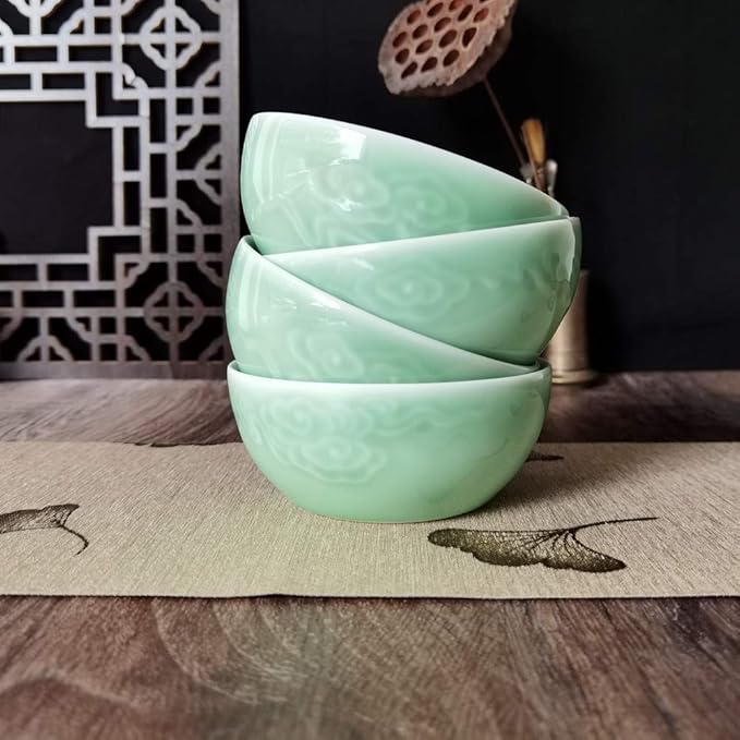 Chinese Rice Bowls 10-Ounce 4.5 inch Celadon Glazed Cereal Bowl Embossed with Auspicious Clouds Porcelain(Set of 4) (Green02)