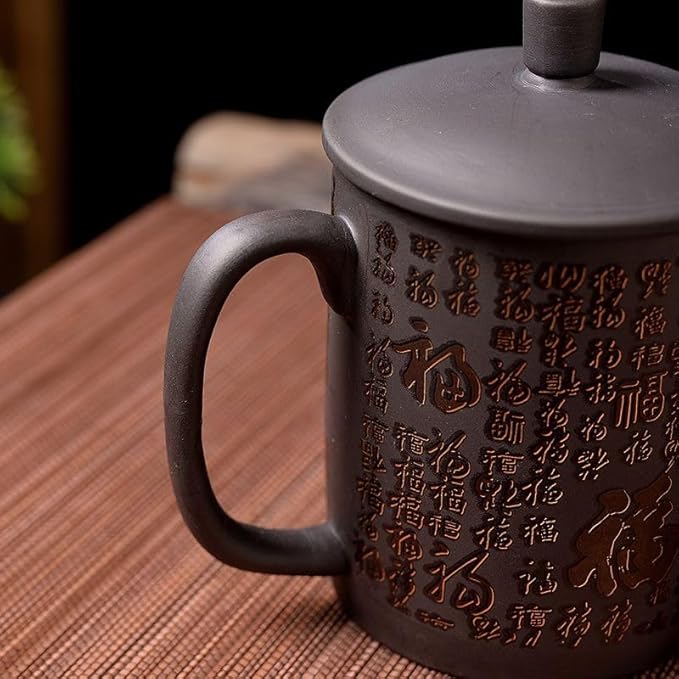 Ceramic Teacup, Chinese Hand Painted Purple Clay Tea Mug with Lid and Infuser, (13oz) Zisha Water Mug Drinkware for Office Home (Color change Bless)