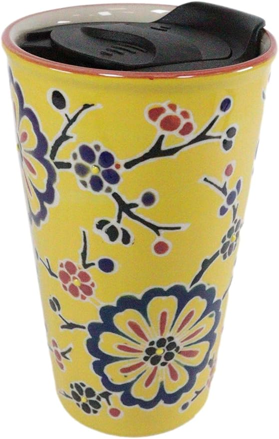 Ebros Oriental Japanese Design Double Walled Porcelain Ceramic Tall Hot Or Cold Drink Travel Mug Cup 12oz With Straw Or Sip Holed Cover Lid (Yellow Floral Cherry Blossoms)
