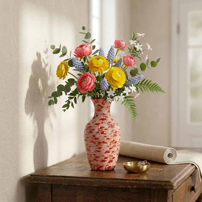 Small Terracotta Bud Vase (5.7"), Hand-Painted Red Ceramic Splatter Flower Vase for Single Stems, Rustic Clay Desk & Shelf Decor, Boho Vintage Accent Piece