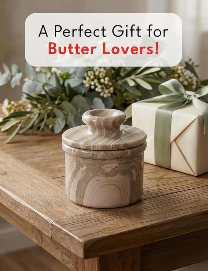 Radicaln Marble Butter Keeper 4.25'' Inches Natural Brown Handmade French Butter Holder For Kitchen Counter Decor Ideal Butter Crock For Counter With Water & Butter Crock For Kitchen