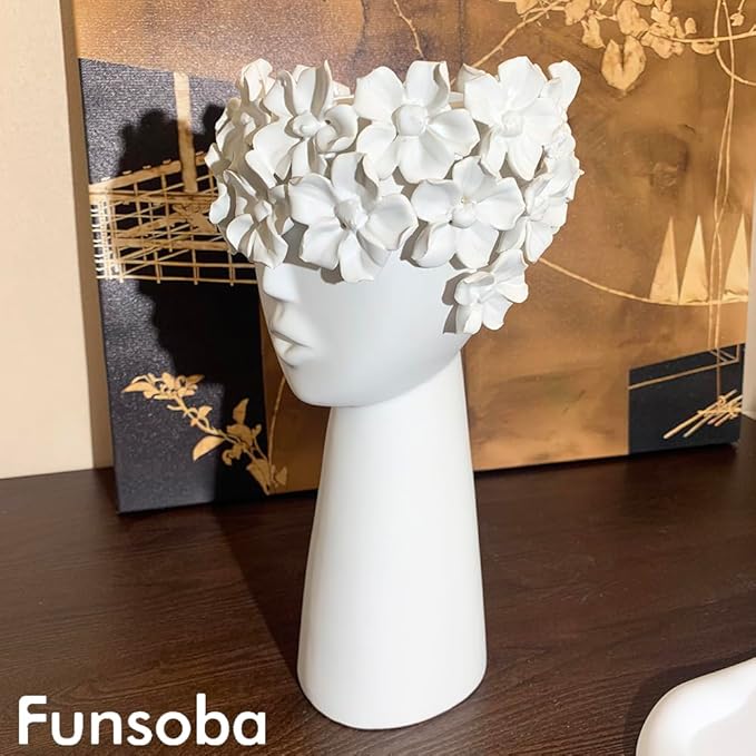 Ceramic Sculpture Female Head Face Flower Vase Decoration, Unique White Centerpiece for Home Decor