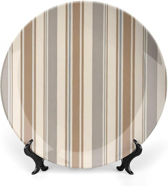 Thibaut Stripes in Brwon And Gray Vintage Plates Decor for Festival Display Home Personalized Christmas Idea Gifts Handmade Decorative Plate with Display Stand And Hook Up, Multi Sizes by Choosing