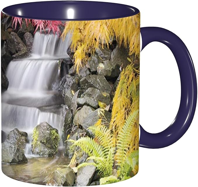 Autumn,Funny Novelty Ceramic Coffee Cups With Handle,Tropical Fall with Colorful Flowers Asian Tea Cup for Office and Home, 11 Oz,Dishwasher Microwave Safe (Navy blue)