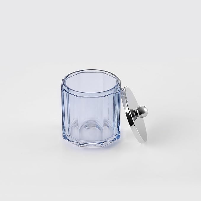 Light Blue Translucent Apothecary Octagional Shaped Glass Canister Jar With Metal Lid Cover for Bathroom Organization, Cotton Balls, Q Tips, and Small Accessories, Bathroom Storage