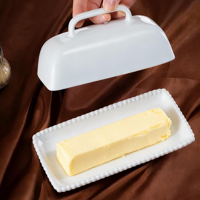 White Ceramic Butter Dish with Lid-Vintage Pearl Embossed Edge & Large Arc Handle-Keeps Butter Fresh on Countertop or in Fridge-Dishwasher & Microwave Safe