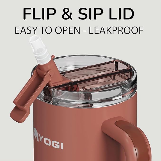 YOGI Ceramic Lined Metal Allergy Safe 30oz Tumbler with Handle & Straw Leakproof Flip & Sip Lid Vacuum Insulated Stainless Steel Travel Cup for Iced Coffee Water and All-Day Hydration 30oz Terracotta