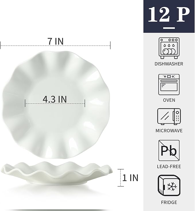 7 Inch Porcelain Small Dinner Plates, Set of 12, White Appetizer Plates, Wave Rim Dessert Salad Plate, Serving Dishes for Cake, Snack, Ice Cream, Waffles, Microwave, Oven, Dishwasher Safe