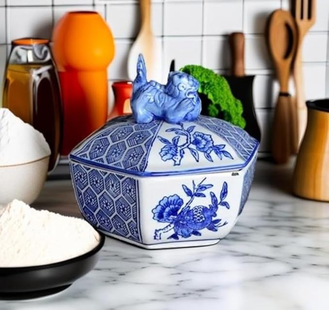 Classic Blue and White Ceramic Porcelain Jar Vase, Hexagon Canister, Sugar Candy Container, Tea Container, Lion Button Lid, Hand-Crafted Chinoiserie Decor