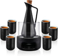 ZENS Sake Set with Warmer, 12 Ounce Embossed Ceramic Sake Bottle 6 Sake Cups and Glass Pot for Hot or Cold Japanese Sake, Black Sake Carafe Gift Sets with Cotton Towel
