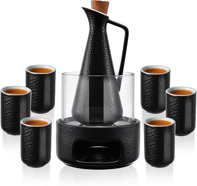 ZENS Sake Set with Warmer, 12 Ounce Embossed Ceramic Sake Bottle 6 Sake Cups and Glass Pot for Hot or Cold Japanese Sake, Black Sake Carafe Gift Sets with Cotton Towel