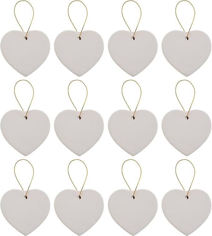 Creative Hobbies Ready to Paint DIY Ceramic Bisque Heart Ornaments with Hanger for Christmas Tree and Holiday Decoration | Pack of 12