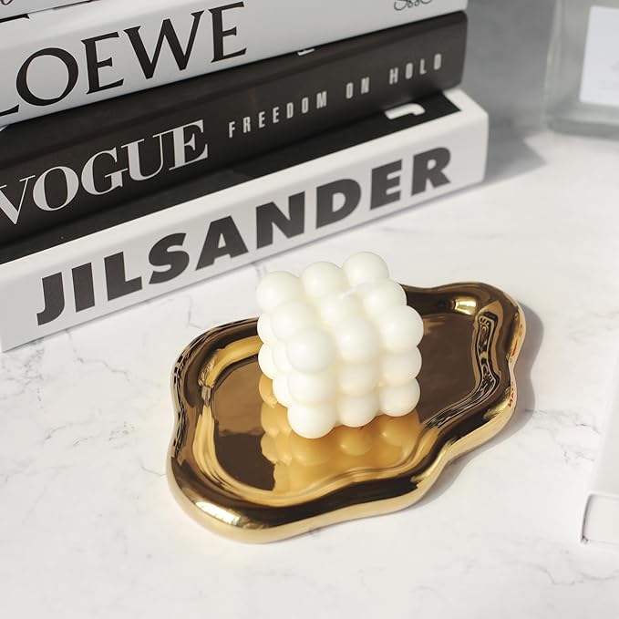 Jewelry Dish Trinket Tray for Women, Ring Dish Holder, Unique Cloud Shape Ceramic Plate Cute Things Vanity Aesthetic Room Decor Mother's Day Birthday (Gold)