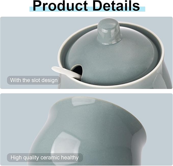 Ceramic Sugar Bowl with Lid and Spoon, Gray Porcelain Sugar Salt Pepper Storage Jar, 7 Ounces