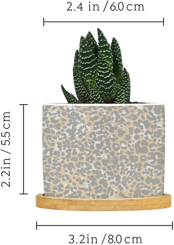 DreamAutumn Cheetah Leopard Print Animal Light Gray and Light Brown Ceramic Pots for Plants with Drainage Holes Round Flower Pot Bamboo Tray Orchid Pot Succulents Pots for Outdoor Indoor Plants