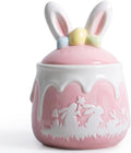 Bunny Cookie Jar, Easter Candy Jar with Lid, Embossment Bunny Decorative Ceramic Storage Container Jar, Pink and White Easter Bunny Decorations for Home Kitchen Indoor Best Easter Gift