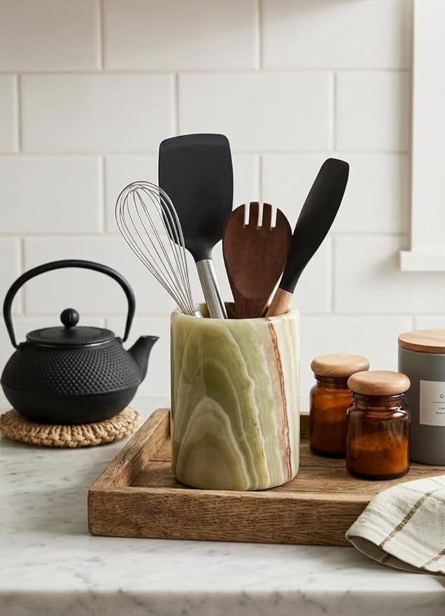Marble Utensil Holder 6.5 Inch Green Wooden Cooking Utensils Set & Spatula Organizer for Kitchen Counter, Stone Utensil Crock & Caddy for Spoon Holder & Farmhouse Decor