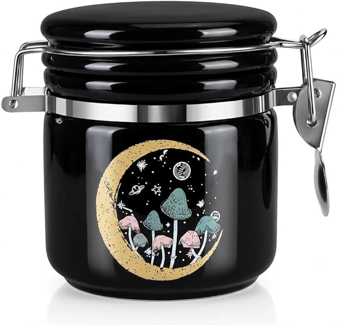 Mushroom Smell Proof Container Half Oz (250ml), Separate Space for Humidity Pack To Keep Herbs Fresh For Months - Cute Girly Stash Jar, Smell Proof Case Airtight Storage Holder Accessories - Black