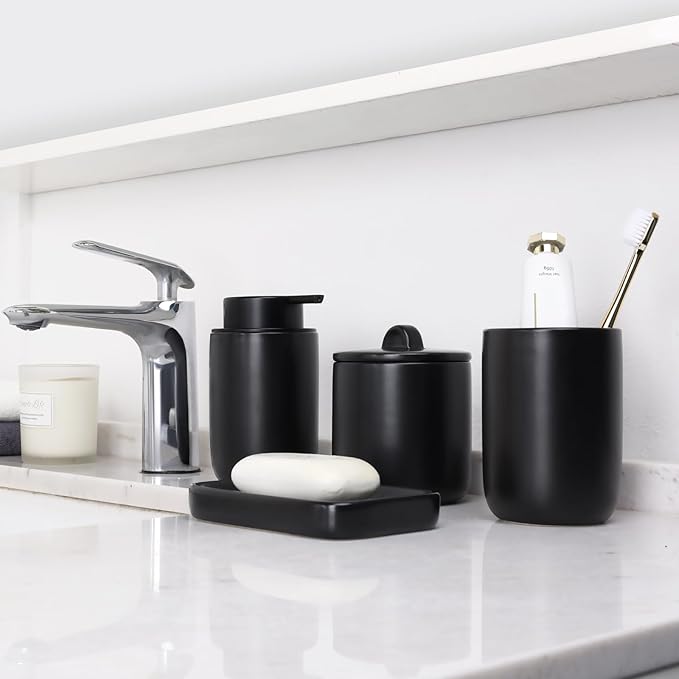 BosilunLife Ceramic Bathroom Accessories Sets Complete Bathroom soap Dispenser and Toothbrush Holder Set (Black-Foam)