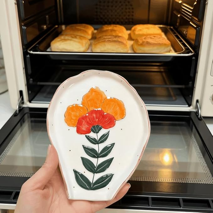 Hand-Painted Floral Ceramic Spoon Rest - Flower-Shaped Stove Top Holder & Jewelry Tray, Multifunctional Kitchen Decor & Unique Gift for Coffee Lovers & Home Chefs