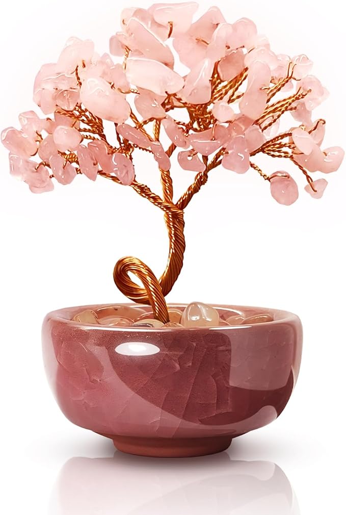 Rose Quartz Crystal Tree,Romantic Office Desk Bedroom Decor,Handmade Copper Wire in Crackle Ceramic Base,Spiritual Gift for Her