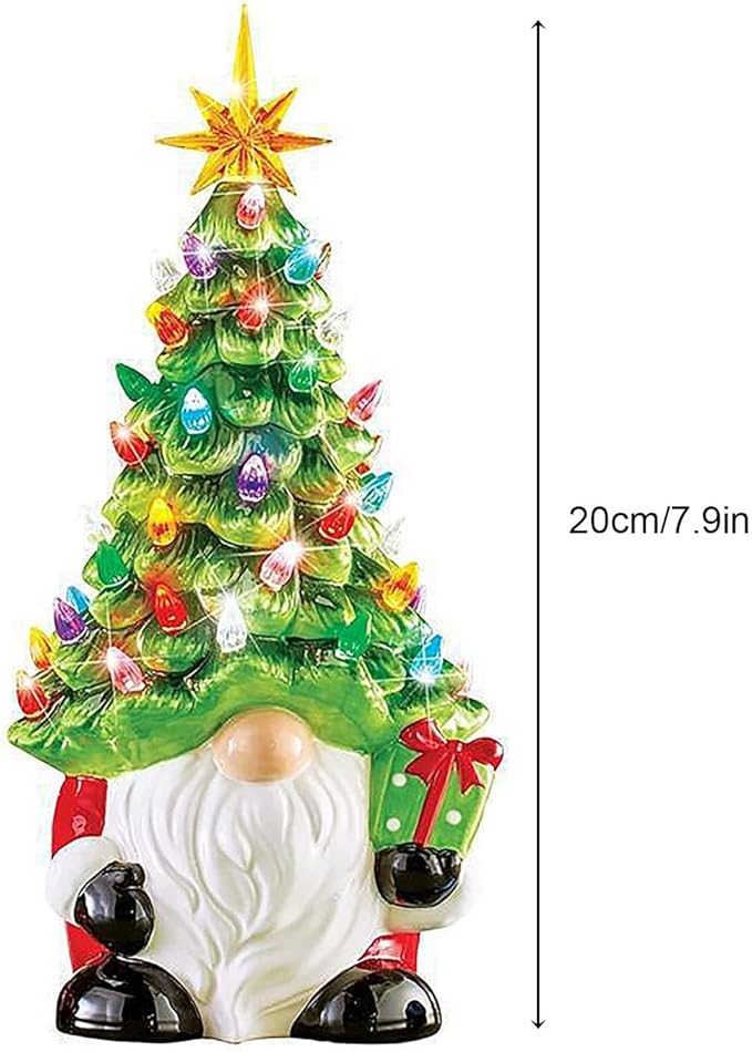 Lighted Ceramic Gnome Christmas Tree, 8 Inch Glowing Tabletop Decor for Home Holiday Christmas Decorations