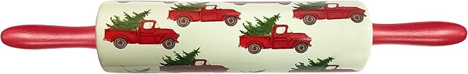 Christmas Rolling Pin – Holiday Design 17.45" x 2.45" Ceramic Rolling Pin with Wooden Handles, Festive Kitchen Baking Tool (Red Truck)