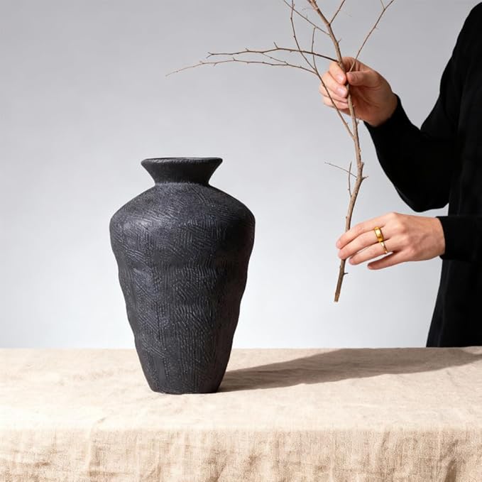 Wabi Sabi Ceramic Vase 9.1 Inch, Rustic Pottery Vase for Home Decor, Organic Textured Charcoal Black Vase for Pampas Grass, Coffee Table Shelf Farmhouse Decor