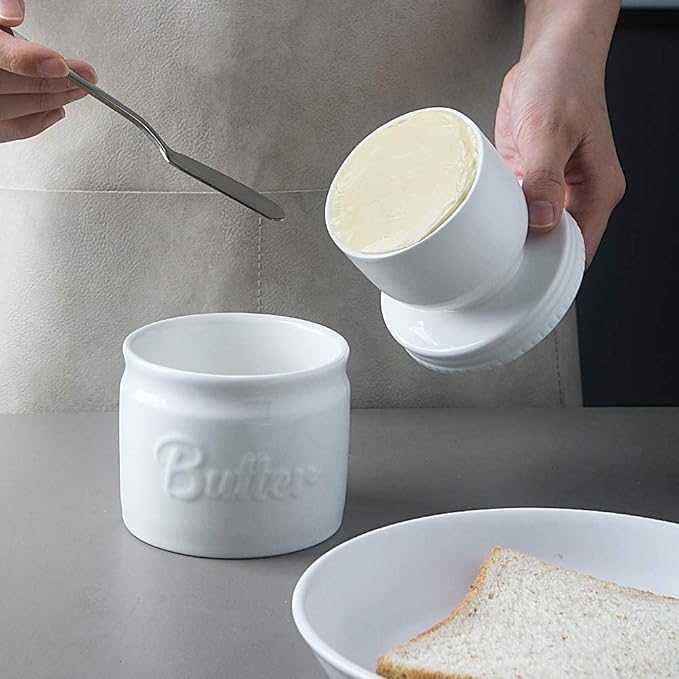 Sweejar Porcelain Butter Keeper Crock, French Butter Dish with Water Line, Ceramic Butter Container for soft butter (White)